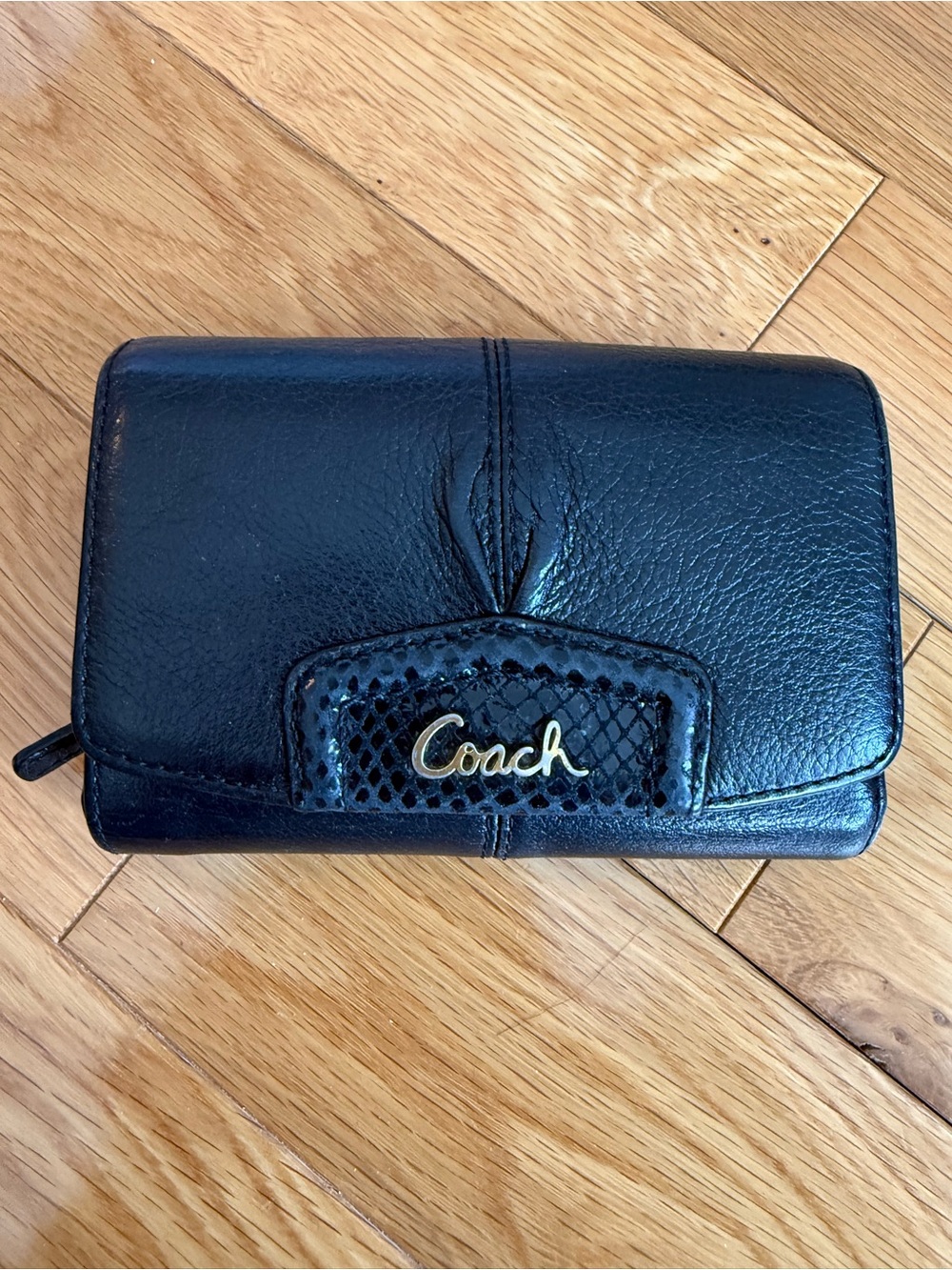 Coach Black Leather Clutch Wallet with Gold Script Logo